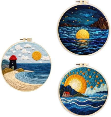 3 Sets Wool Felt Sets Seascape Scenery Needle Felting Kits DIY Handmade Wool Felt Painting Kits Home Decor Needle Felt Starter Sets Gifts with Instructions and Foam Pad for Beginners (Orange) by Unknown
