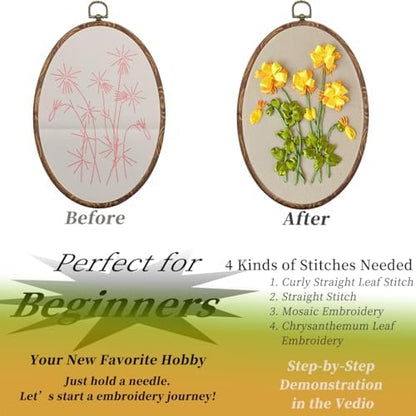 FONNUY Ribbon Embroidery 3D Flowers Pattern Design Kit Embroidery DIY Handwork Set Oval Home Decoration (Yellow Begonia) - Image 4