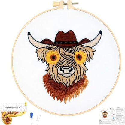 Highland Cow Embroidery Kits for Beginners Adults, Animal Hand Embroidery Starters Kits, Stamped Cross Stitch Kits DIY Needlepoint Kits for Beginners Adults, Embroidery Hoop, Thread and Video Tutorial by Unknown
