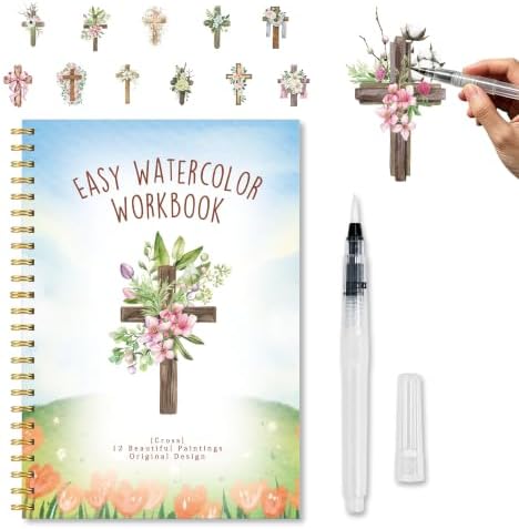 Christian Gift, Christian Cross Watercolor Workbook, Floral Cross Water Coloring Book with 12 Different Floral Paintings Designs, Watercolor Book with Water Paintbrush, Relaxing Art for Beginners by Unknown