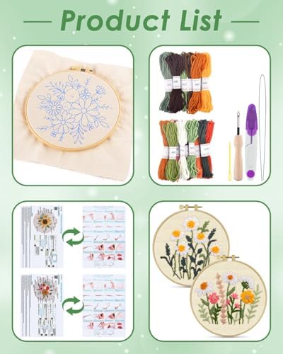 ERKOON Punch Needle Kit Adults Beginners, 2 Pcs DIY Easy Flower Embroidery Set for Starter Art Craft, Needling Punching Project with Patterns, Tools, Yarns, Hoop, Instruction (Colorful Flowers) - Image 2