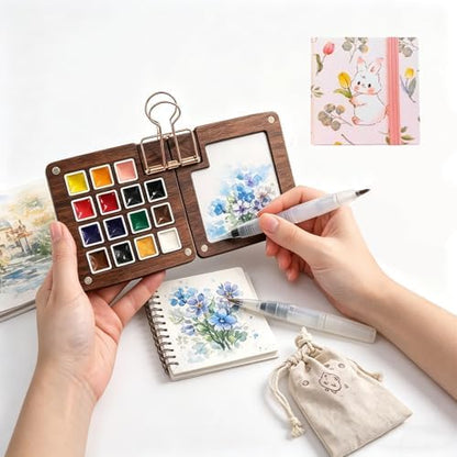 Mini Watercolor Travel Set – 15 Color Paint Kit with Wooden Palette, Magnetic Lid, Water Brush, Sketchbook for Travelers and Artists（C） by Unknown