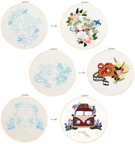 Looples Embroidery Kit for Beginners and Adults with Video Tutorials - Complete Embroidery Starter Kit with 3 Stamped Floral Patterns, Hoops, Threads, Needles, and Instructions (Car, Globe and Camera) - Image 4