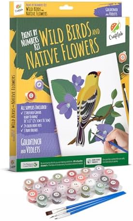 CraftLab Wild Birds Paint by Numbers Kit for Adults Teens Beginners, DIY Painting Accessories, Brushes Acrylic Paints, Stretched Canvas 10 x 12 inch Gift (Goldfinch & Violets) by CraftLab