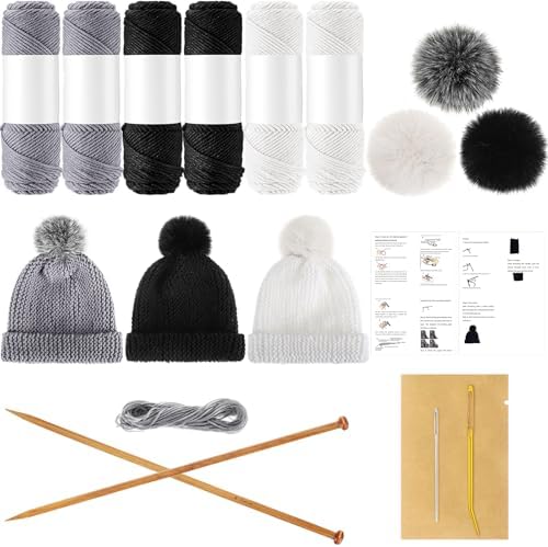 Syhood Knitting Kit for Adults Beginners 6 Yarns Bamboo Needles Faux Pom by Syhood