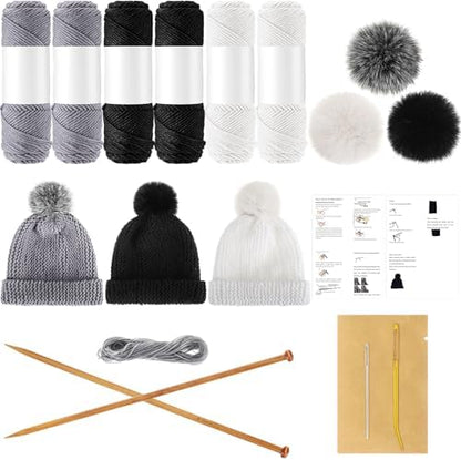 Syhood Knitting Kit for Adults Beginners 6 Yarns Bamboo Needles Faux Pom by Syhood