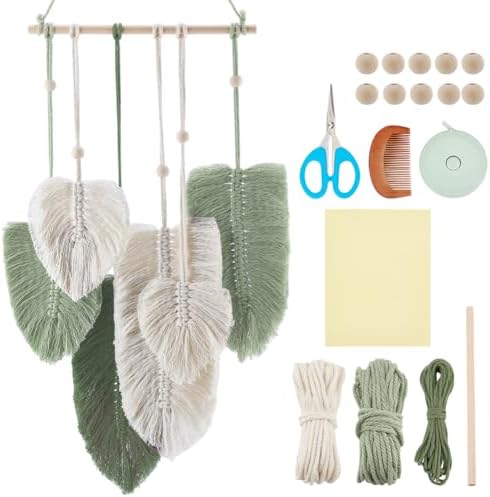 FREEBLOSS DIY Macrame Leaf Wall Hanging Kit Leaves Woven Tapestry Feather Wall Hanging Decor Beginners Macrame Kit for Adults Birthday Gift (Green&White) by FreeandCreativeCraftsArt