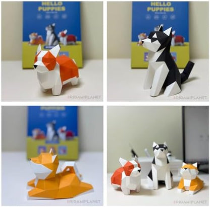 Hello Puppies 3D Origami Paper Craft Gift Set- 3 pcs, Husky/Corgi/Shiba Inu Pre-Cut Origami Kit, Cute Animal Paper Sculpture for Teens & Adults, Home Decor DIY Art Gift for Birthday - Image 4