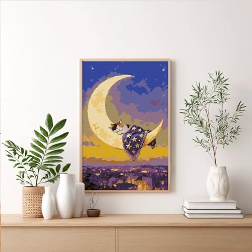 Framed Paint by Numbers Kit for Adults Beginner & Kids Ages 8-12, Moon Cat Paint by Numbers with Frame, without Easel, DIY Acrylic Number Painting for Adults Canvas for Home Decor Gift 8 x 12 Inch - Image 2