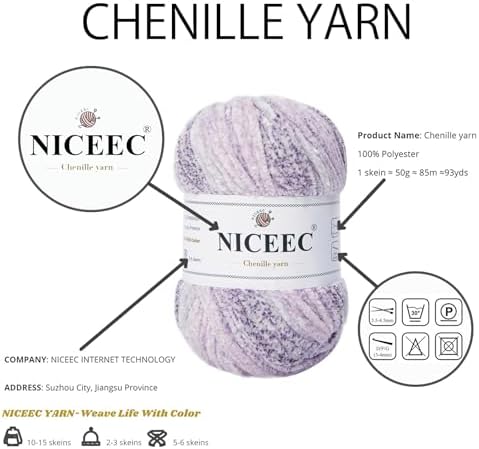 NICEEC 6 Skeins Soft Chenille Yarn 6x85m(6x93yds,6x50g)_Foggy Purple - Image 6