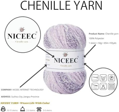 NICEEC 6 Skeins Soft Chenille Yarn 6x85m(6x93yds,6x50g)_Foggy Purple - Image 6