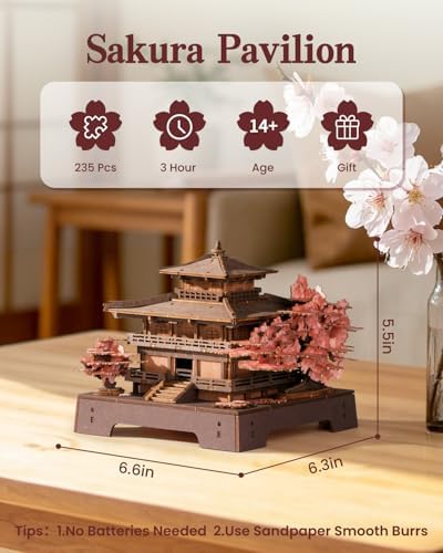 Rowood 3D Puzzles for Adults,DIY Miniature House Kit Japanese Architecture Cherry Blossom Craft Kits,Wooden Model Kit Buiding Set,Home Decor,Chirstmas Birthday Gift-Sakura Pavilion - Image 3