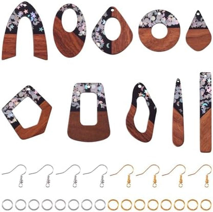 10 Pairs Wood Resin Pendants Vintage Resin Walnut Wood Charms Black Brown Sequins Charms Rectangle Oval Teardrop Wooden Dangle Earring Making Kit with Earring Hooks for Bohemian Jewelry by EEEELECRELIVE
