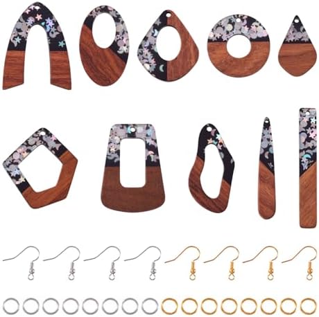 10 Pairs Wood Resin Pendants Vintage Resin Walnut Wood Charms Black Brown Sequins Charms Rectangle Oval Teardrop Wooden Dangle Earring Making Kit with Earring Hooks for Bohemian Jewelry by EEEELECRELIVE