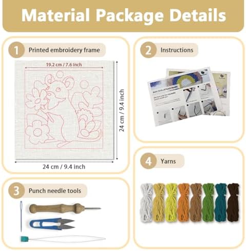 Doodlream Mouse with Flower Needle Kit for Beginner, 9.4"x 9.4" Cute Forest Animal Punch Stitching Craft Set, Color DIY Embroidery Starter with Printed Frame, Instruction, Threader, Yarn, Pinch Needle - Image 2