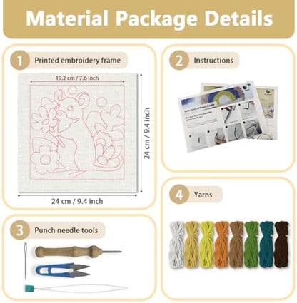 Doodlream Mouse with Flower Needle Kit for Beginner, 9.4"x 9.4" Cute Forest Animal Punch Stitching Craft Set, Color DIY Embroidery Starter with Printed Frame, Instruction, Threader, Yarn, Pinch Needle - Image 2