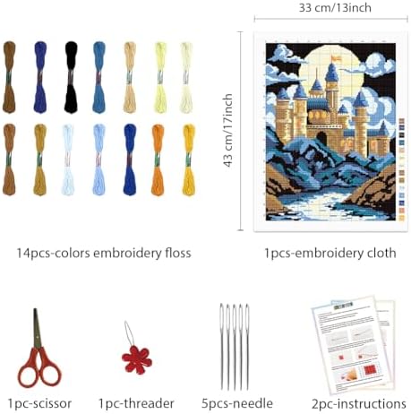 FREEBLOSS DIY Cross Stitch Wall Painting Castle Pattern Cross Stitch Kit Home Wall Decor 11CT Cross Stitch Starter Kit with Instruction Stamped Cross Stitch Counted Kit for Beginners, 28 * 38cm - Image 2