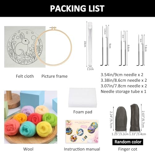 Zovylks Needle Felting Kit for Adults, 7.9 Inch Wool Felt Painting DIY Craft Set for Beginners, Needle Felt Starter Kit with Picture Frame, Foam Pad, Finger Cot (Rabbit) - Image 3