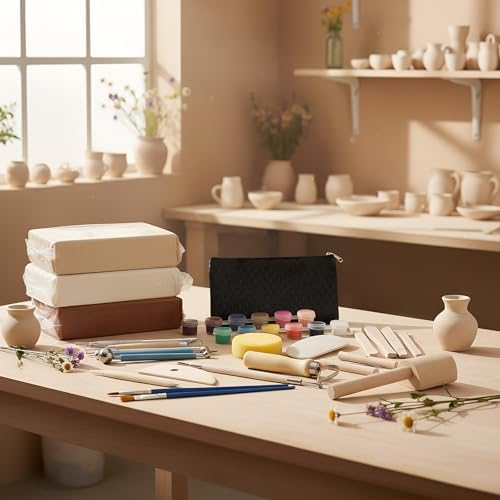 25 Pcs Air-Dry 3 Colors Clay Pottery Kit for Beginners Includes 3.31 lb Dry Clay for Adults Air Pottery Tools, Paints, Brushes Modeling DIY Kit for Christmas - Image 5