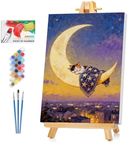 Framed Paint by Numbers Kit for Adults Beginner & Kids Ages 8-12, Moon Cat Paint by Numbers with Frame, without Easel, DIY Acrylic Number Painting for Adults Canvas for Home Decor Gift 8 x 12 Inch by Unknown
