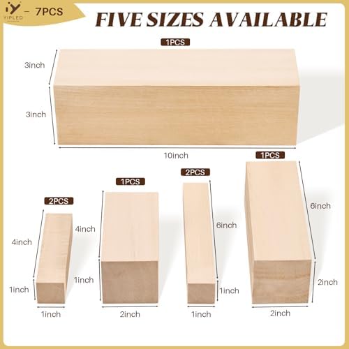 Basswood Carving Blocks, 7 PCS Whittling Wood Blocks with 5 Different Sizes, 2x4x1x1in, 2x6x1x1in, 1x4x2x2in, 1x2x2x6in, 1x3x3x10in, Carving Wood Blocks - Smooth Cut, No Cracks, Easy to Paint - Image 2
