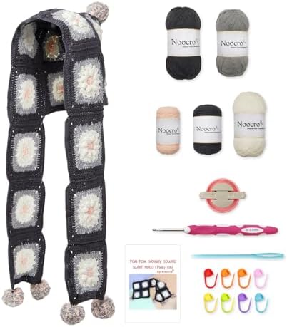 Noocro Complete Crochet Kit for Pom-Pom Granny Square Scarf Hood, DIY Yarn Kit, Detailed Instructions, Step by Step Video Tutorial, Beginner-Friendly, Intermediate Crocheter Craft Set (Pinky Ash) by Noocro
