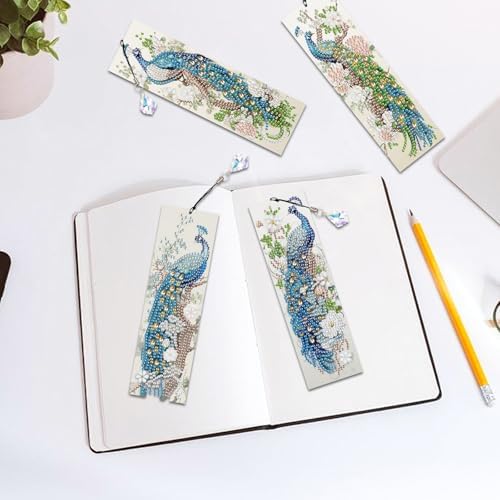 MVVMTOP 4pcs Diamond Painting Bookmark with Crystal Pendant, DIY Peacock, Special Shape Crystal Craft Partial Drill, 5D Diamond Art Handmade Bookmark, Reading Accessories and Gift for Book Lovers - Image 6
