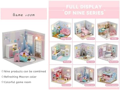 Kisoy Dollhouse Miniature with Furniture Kit, DIY 3D Wooden DIY House Kit A Corner of a Small Apartment Style with Dust Cover & LED,Handmade Tiny House Toys for Kids Adults Gift (Toy Room) - Image 6