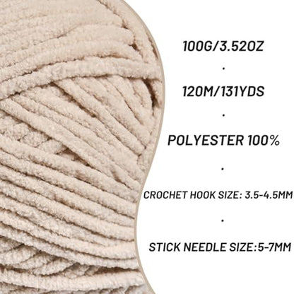 3 Pack Plush Chunky Chenille Yarn for Crocheting, Soft Fluffy Velvet Yarn for Crocheting, Fuzzy Baby Blanket Knitting Yarns, 300g/393yds Bulky Amigurumi Yarns（3 Light Khaki） - Image 2