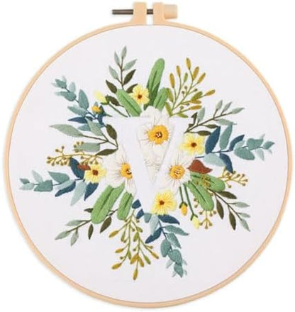 IUHUI Embroidery Kit for Beginners Adults - 26 Floral Letters Easy Patterns, DIY Hand Stitching Embroidery Set with Hoop (Flower and Grass Letter V) by Unknown