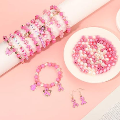 2650PCS+ Breast Cancer Awareness Beads Charms for Bracelet Making Pink Clay Heishi Beads Acrylic Pearl Crystal Spacer Bead Pink Ribbon Charms for Jewelry Making DIY Breast Cancer Awareness Accessories - Image 2