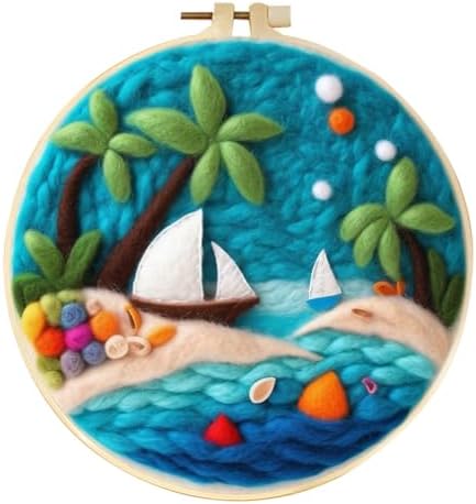 CaptainCrafts DIY Needle Felting Starter Kit with Picture Hoop, Foam Pad Felt Cloth Instructions for Home Decoration Beginner Art Craft (Ocean Beach) by CaptainCrafts