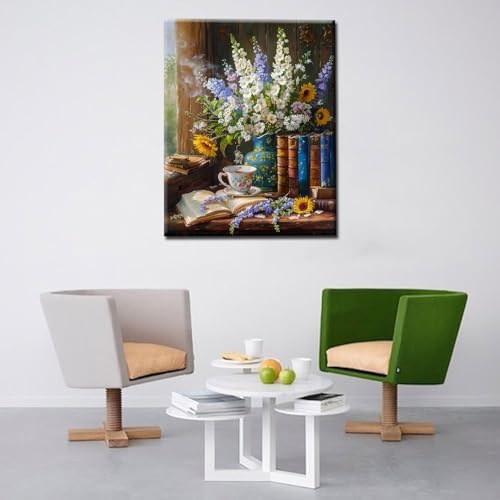 Home Plants and Big Books Paint by Numbers Kits for Adult Paint by Numbers Rustic Clay Vase Painting Kits Painting Art Gift on Canvas Perfect for Gift Home Wall Decor Without Framed 16''W x 20''H - Image 2