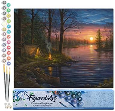 Figured'Art Paint by Numbers Kit for Adults Camping and Lake 16"x20" - Craft Art Painting DIY Kit Rolled Canvas Without Frame by FiguredArt