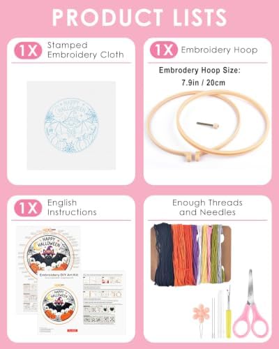 TINDTOP Halloween Embroidery Kit for Adult, Embroidery DIY Starter Kit, with Stamped Patterns, Hoop, Tools, Colorful Threads with Needles, Instructions (Halloween D) - Image 2