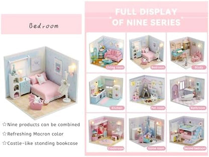 Kisoy Dollhouse Miniature with Furniture Kit, DIY 3D Wooden DIY House Kit A Corner of a Small Apartment Style with Dust Cover & LED,Handmade Tiny House Toys for Kids Adults Gift (Dream Room) - Image 4