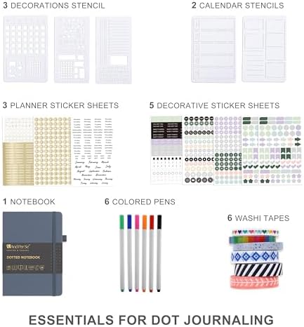 &And Per Se Dotted Journal Kit, A5 Hardcover Dot Grid Journal Notebook Set for Beginners with Journaling Supplies Stencils, Stickers, Washi Tapes & Colored Pens Accessories (Dark Blue) - Image 5