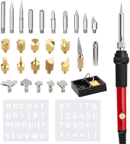 32PCS Wood Burning Kit, Wood Burning Tool – Adjustable Temperature Soldering Iron Tool for DIY, Wood Carving, Embossing, and Craft Projects – Wood Burner Pen Set for Adults and Beginners（Red） by Unknown