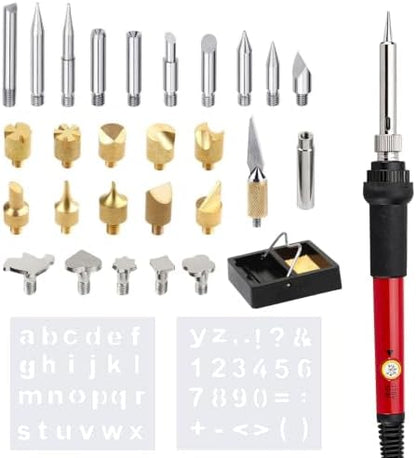 32PCS Wood Burning Kit, Wood Burning Tool – Adjustable Temperature Soldering Iron Tool for DIY, Wood Carving, Embossing, and Craft Projects – Wood Burner Pen Set for Adults and Beginners（Red） by Unknown