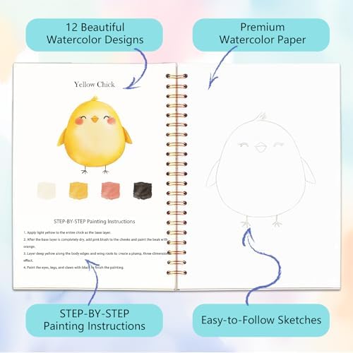 Easy Watercolor Workbook for Beginners - 12 Beautiful Step-by-Step Paintings Water Coloring Book, Includes 18 Water Colors, Relaxing Art Projects and Creative Gift for Adults & Teen (Animals) - Image 3