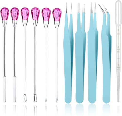 11 Pcs Silicone Resin Mold Tools Set Stirring Needle Spoon Tool Tweezers Precision Kit, Anti-Static Electronics Tweezers Set for Resin Art Crafts,Jewelry Making,DIY Epoxy Casting Molds-Rose Red & Cyan by ColoryourlifewithMSDADA