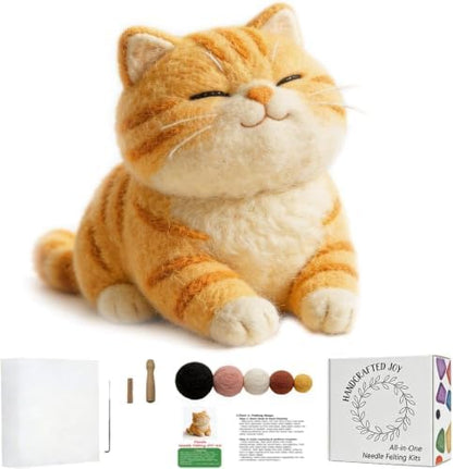DIY Needle Felting Kit Cute Smiling Orange Tabby Cat – Needle Felting Starter Kit with Fiber Roving, Needles, Felting Pad & Instructions | Felted Cat Kit for Beginners Adults | DIY Craft Gift by FaceNFace