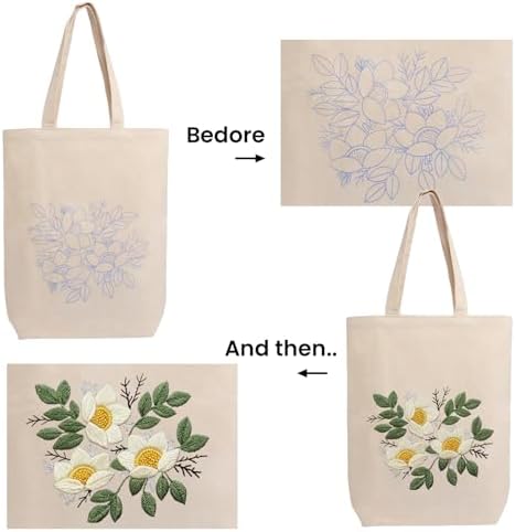CREAWONDER Canvas Tote Bag Embroidery Kit with Pattern for Beginners, Arts and DIY Embroidery Crafts Kits for Adults, Include Instructions, Embroidery Hoops, Color Threads and Tool - Image 5