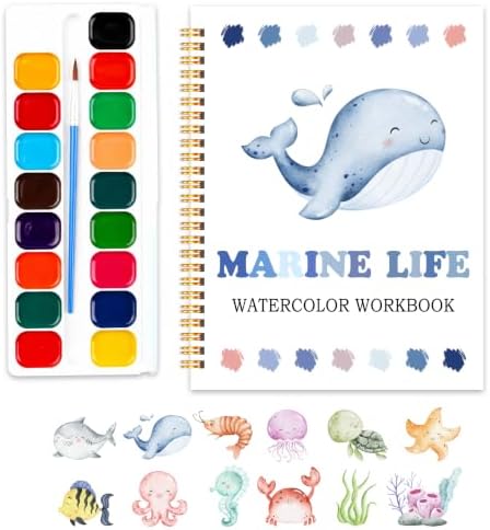 Easy Marine Life Watercolor Workbook for Beginners, Water Coloring Book, 18 Colors Watercolors Paint Set, 12 Patterns Ocean Dreams Watercolor Kit, Fun Family Art Activity, Gift for Adults Teen by SHLINCO