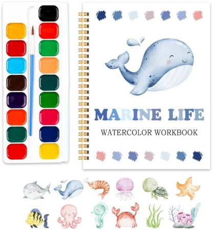 Easy Marine Life Watercolor Workbook for Beginners, Water Coloring Book, 18 Colors Watercolors Paint Set, 12 Patterns Ocean Dreams Watercolor Kit, Fun Family Art Activity, Gift for Adults Teen by SHLINCO