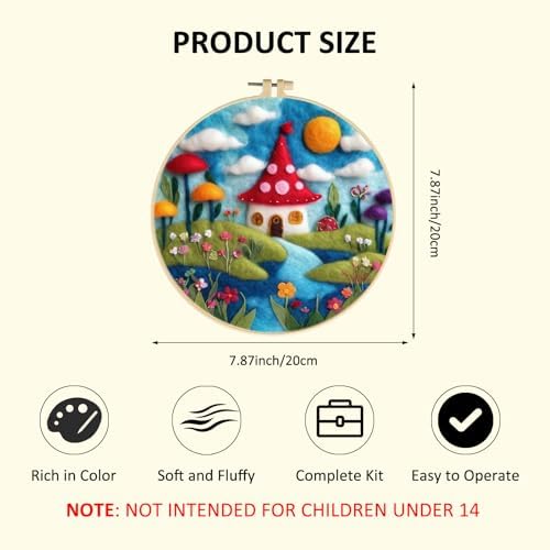Zovylks Natural Landscape Needle Felting Kits Beginners, 7.9 Inch DIY Wool Felting Painting Starter Kit, Needle Felt Set for Home Decor with Foam Pad, Instructions (Mushroom House) - Image 2