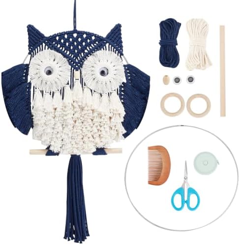 FREEBLOSS DIY Macrame Owl Kit with Video Tutorial Macrame Wall Hanging Ornament Boho Wall Hanging Decor Navy Blue&White Macrame Tapestry Gift Macrame Kit for Beginners by FreeandCreativeCraftsArt