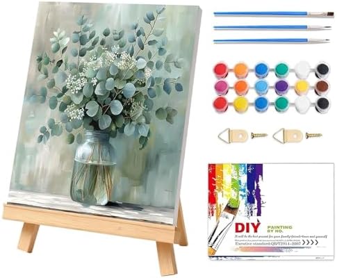 Eucalyptus Flowers Paint by Number Framed with Wooden Easel 12x16inch by PHANTASYART