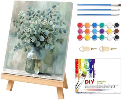 Eucalyptus Flowers Paint by Number Framed with Wooden Easel 12x16inch by PHANTASYART