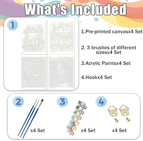 Hutarosl 4 Pack Paint by Numbers Kit for Adults Plant- Bookshelf Paint by Number Adult, Canvas Painting by Numbers for Adults Perfect for Gifts Home Wall Decor 12x16inch - Image 5